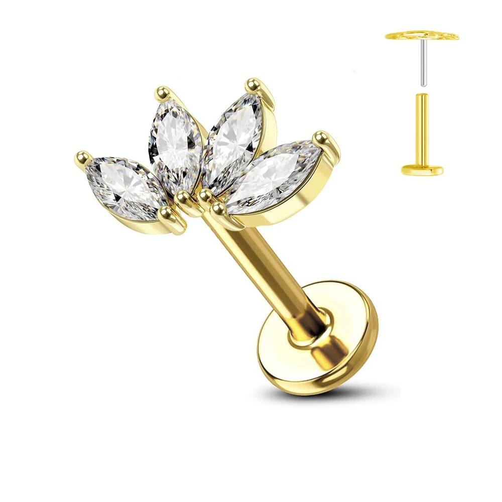 ASTM F136 G23 Titanium Flower Threadless Earring Piercing Petals Leaf Heart Butterfly Pin Daith Conch Push in Labret Stud