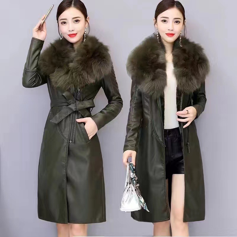 2023 ใหม่แฟชั่นขนสัตว์ฤดูหนาว PU หนังผู้หญิงเอวกลางความยาว Slim JACKET Lady Casual WARM outwear