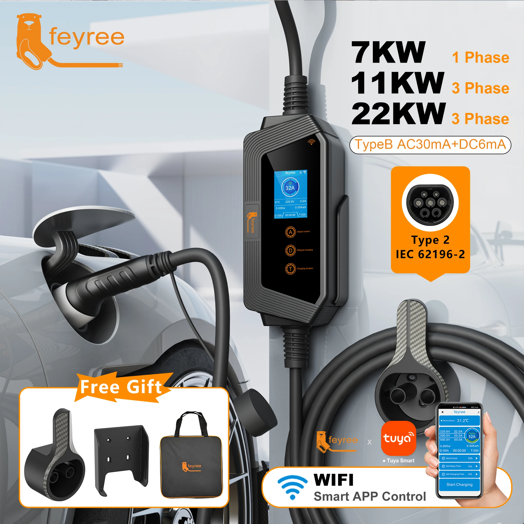 feyree Portable EV Charger Type2 22KW 11KW 3P Fast Charging 32A 7KW 1P Smart APP Wi-Fi Control for Electric Vehicle Car Charger