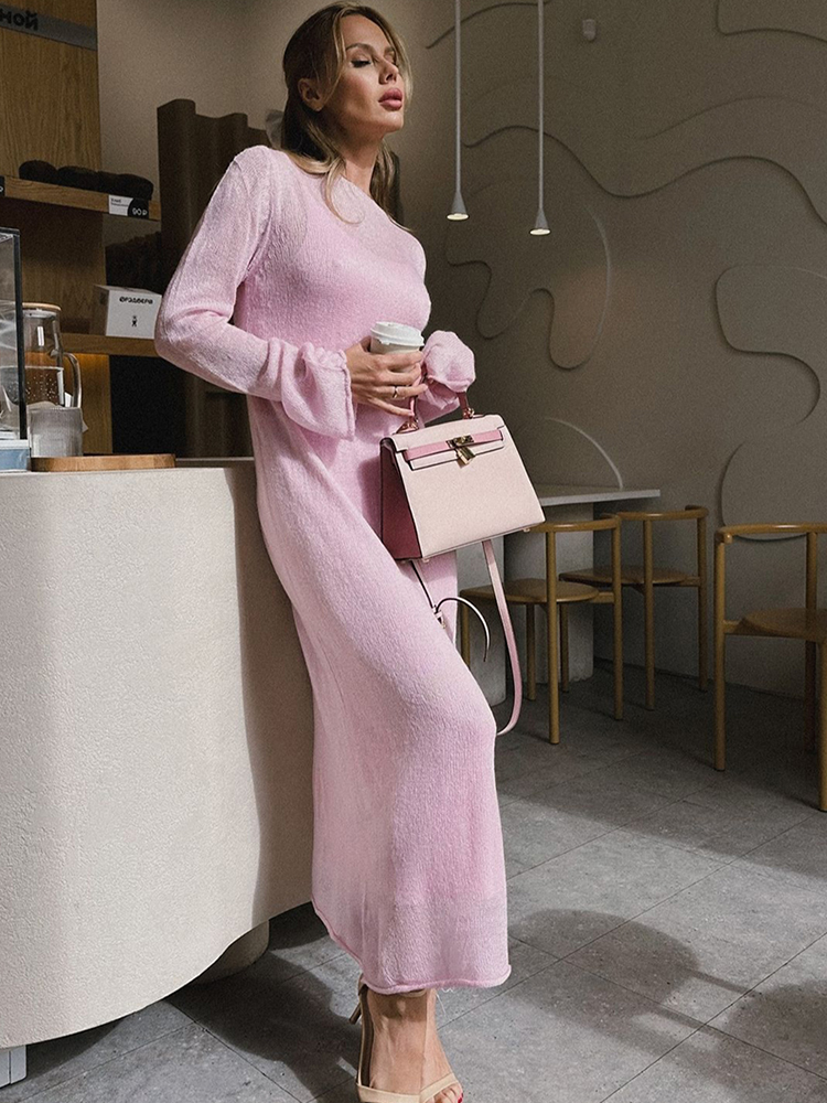 Frühling Herbst Oansatz Elastische Stricken Lange Kleider Frauen 2024 Elegante Chic Weiche Dame Aushöhlung Pullover Kleider Femme Neue