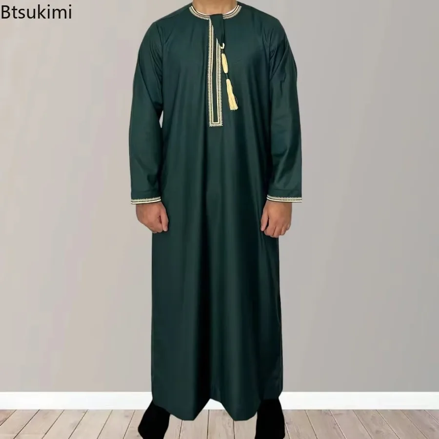 Novo 2025 masculino muçulmano abayas vestido de manga comprida pulôver kaftan robe masculino jubba thobe paquistão árabe saudita caftan roupas islâmicas