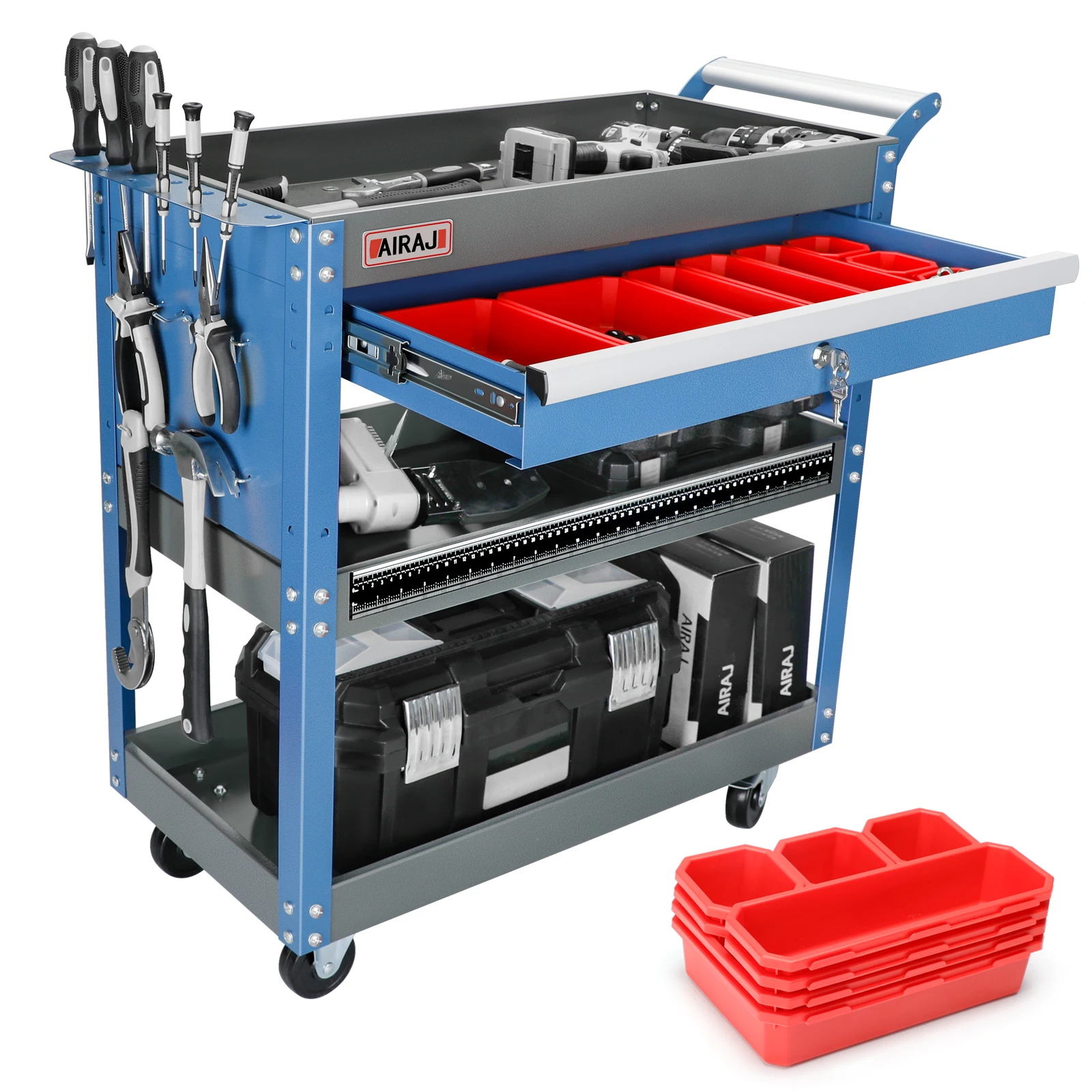 AIRAJ 3 Tier Rolling Tool Cart on Wheels,Metal Heavy Duty Mechanic Cart with Drawers and Pegboard,Industrial Utility Cart