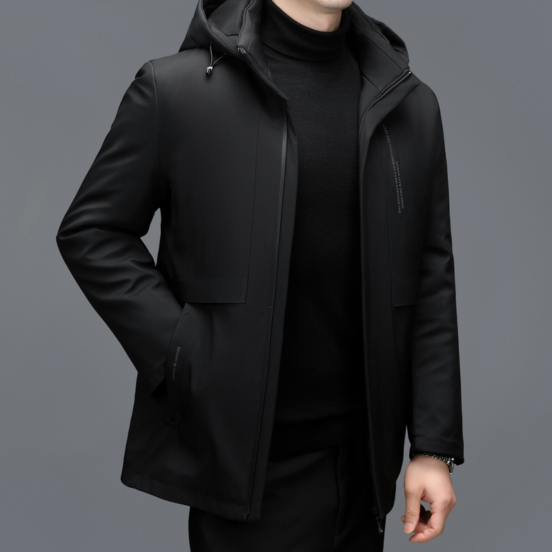 YX-2612 Herren-Daunenjacke mittler bis lang, verdickt und warm für den Winter, dicker weißer Entendaunenkuchen, lässige Jacke überwindend