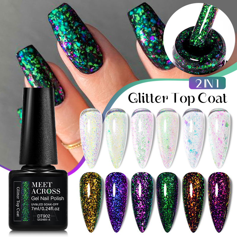 MEET ACROSS 7ml Color oscuro brillo capa superior Gel para uñas brocado en polvo 2 en 1 camaleón Nail Art Gel barniz manicura