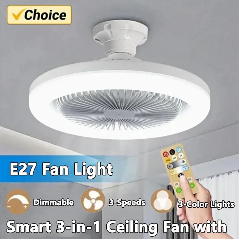 Ventilatore da soffitto intelligente 3 in 1 con illuminazione con telecomando Base di conversione E27 Base di illuminazione 85-265 V adatta per camera da letto e soggiorno