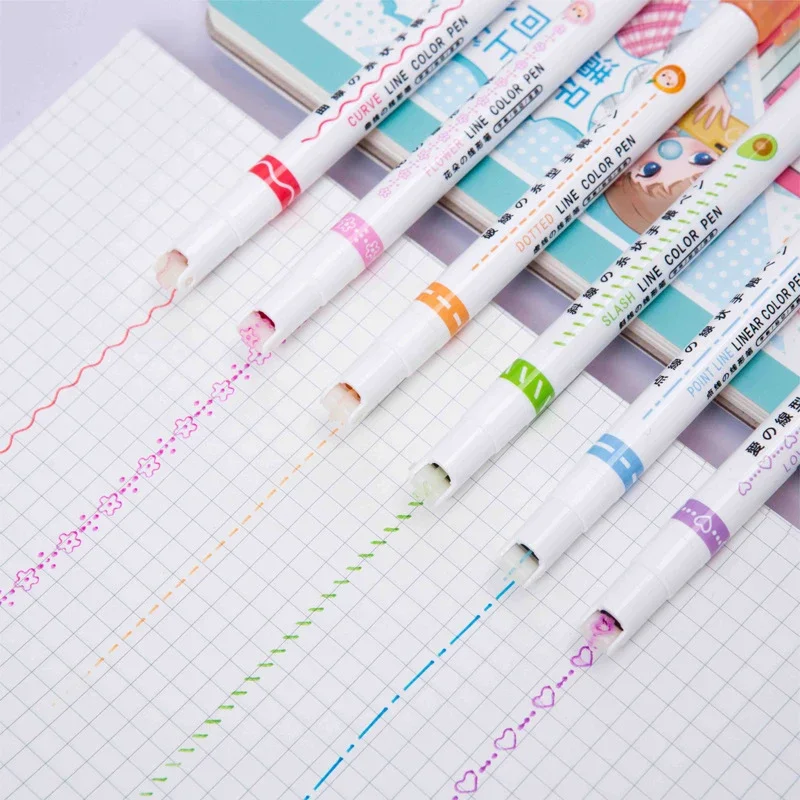 Juego de 6 unidades de bolígrafos con forma de flor, marcador resaltador, punta de rodillo curvo, papelería bonita, accesorios escolares de Graffiti Kawaii