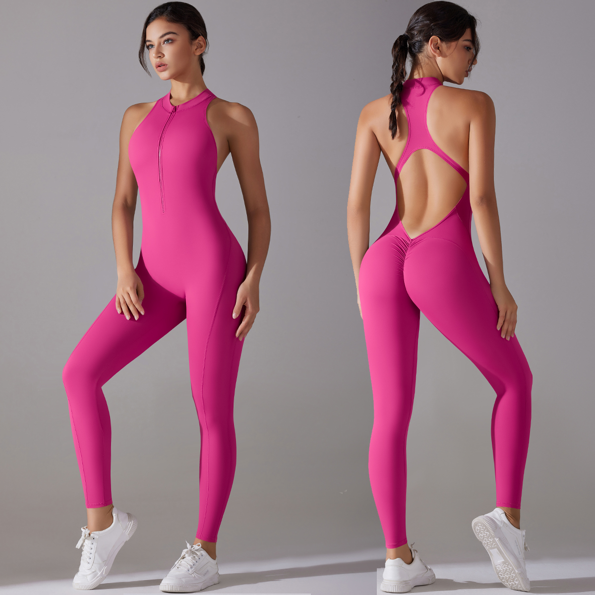 Mono deportivo Sexy con espalda descubierta y fruncido para mujer, conjunto de gimnasio para mujer, traje deportivo de una pieza sin mangas con cremallera, monos para Yoga y Fitness