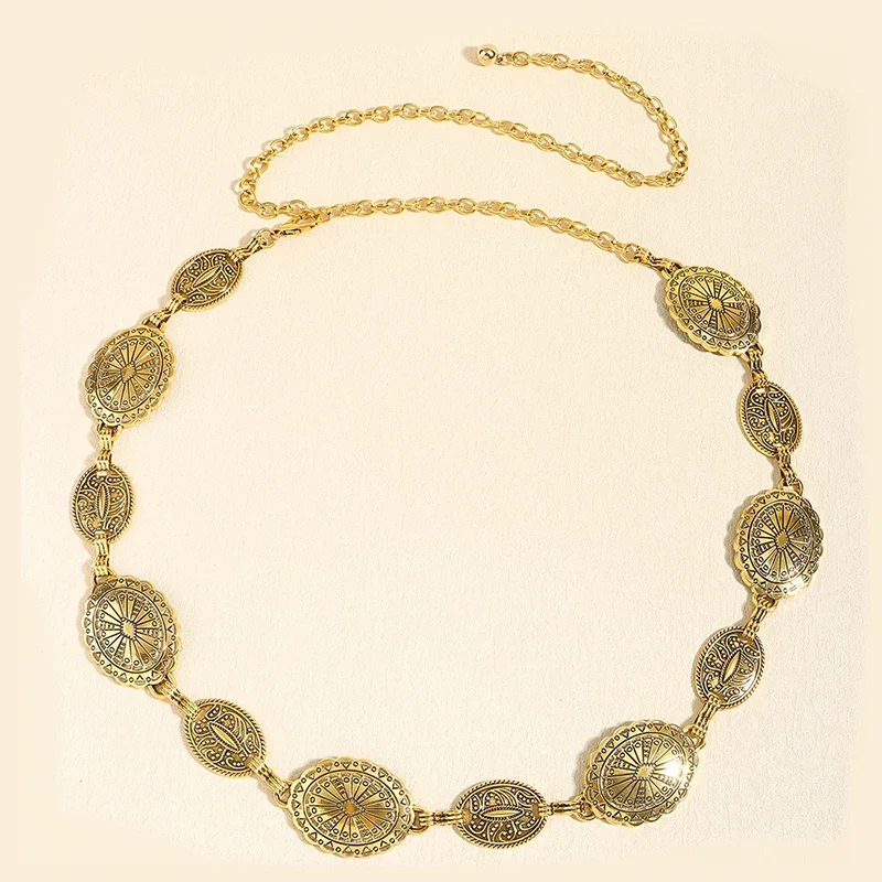 Acessórios de corrente de cintura de metal feminino estilo retrô círculo decorativo esculpido cinto de corrente acessórios de estilo alto