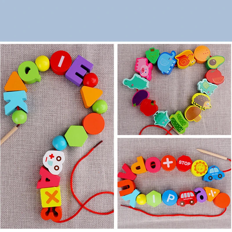ของเล่นไม้เด็ก DIY ของเล่นการ์ตูนผลไม้สัตว์ Stringing Threading ลูกปัดไม้ของเล่น Montessori การศึกษาสําหรับเด็ก