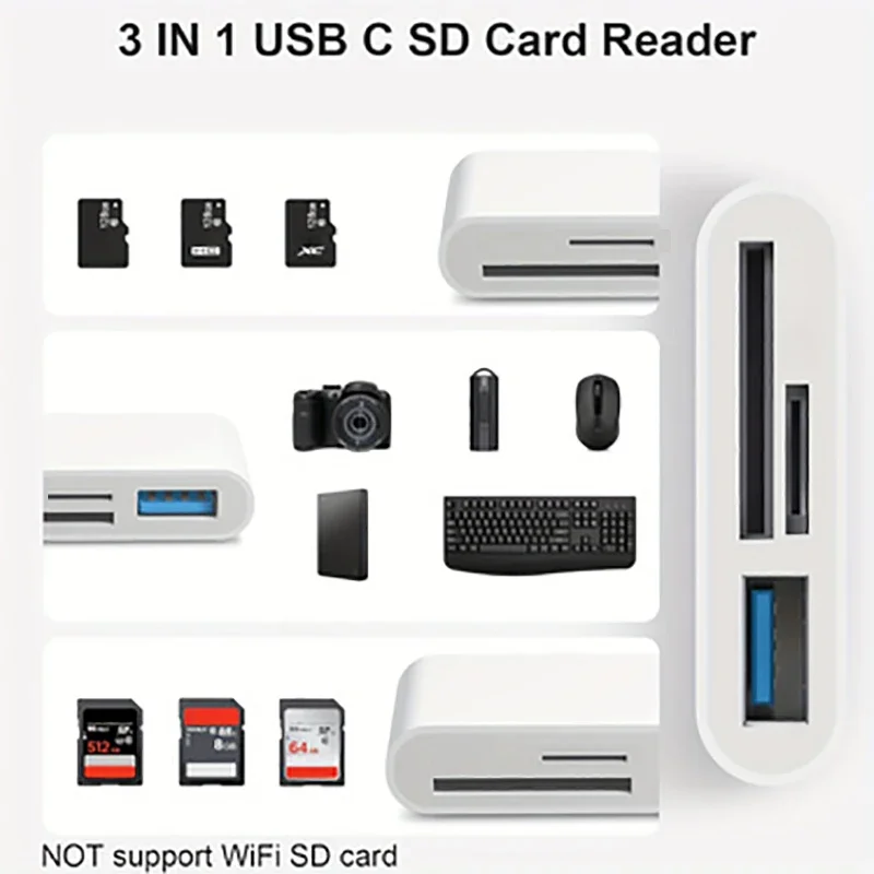 อะแดปเตอร์ 3 ใน 1 Type-C, Tf, Cf, Sd, เครื่องอ่านการ์ดหน่วยความจําเข้ากันได้กับ iPhone iPad MacBook แล็ปท็อป Android, PC และ Acc