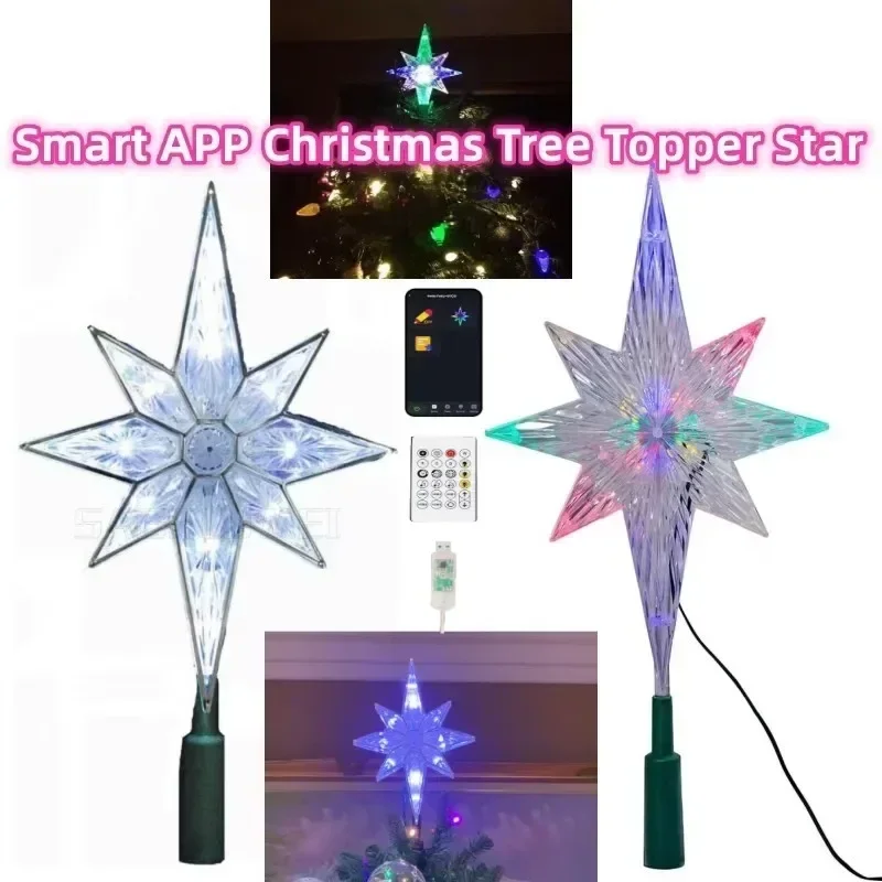 5V Smart APP Remote Control RGB Color Abyssal Mirror Christmas Tree Star Decor Lights Music Sync Xmas Tree Topper Holiday Party