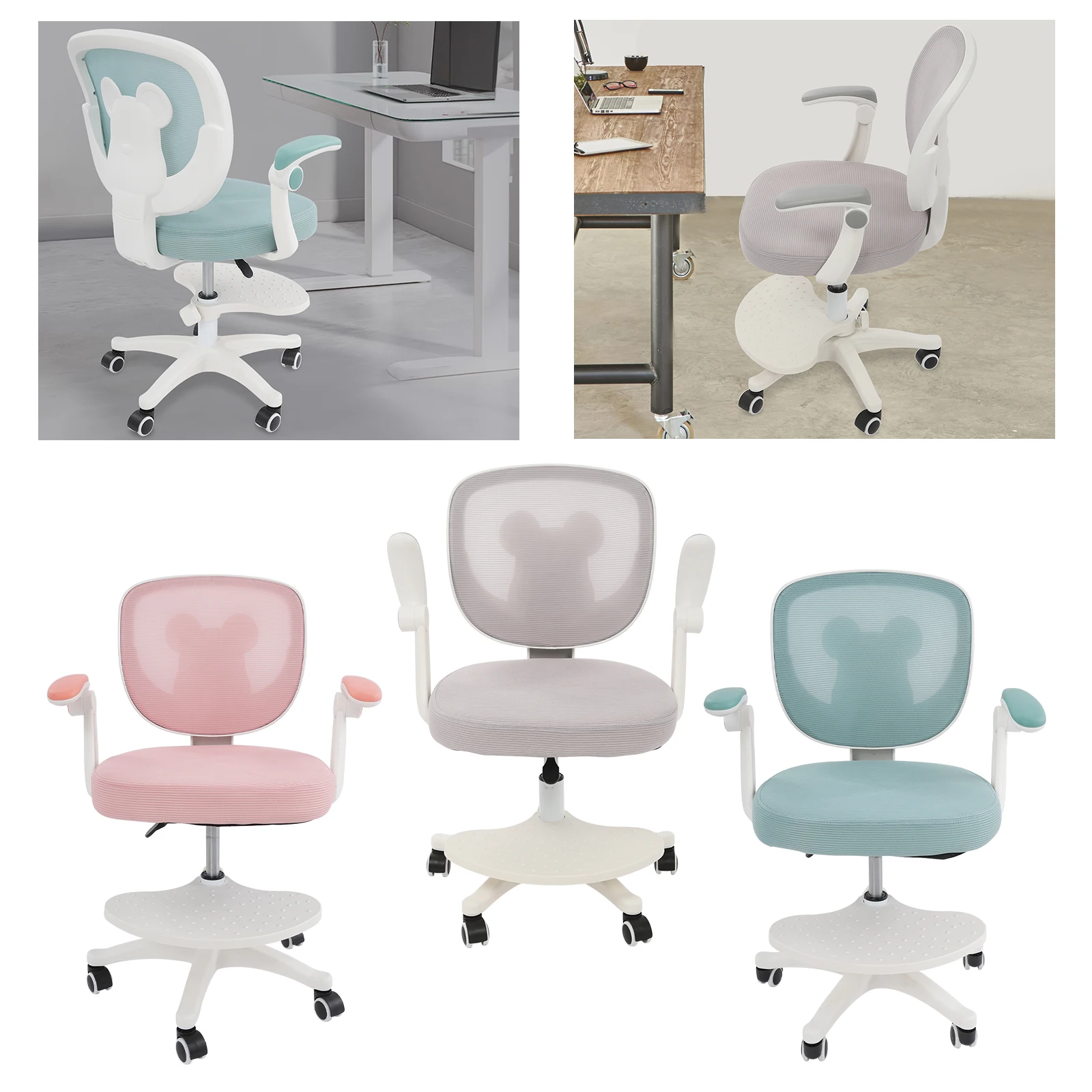 Silla de escritorio para niños gris claro/verde claro/rosa de 44x41cm, silla giratoria para niños, silla de escritorio para niños con altura ajustable