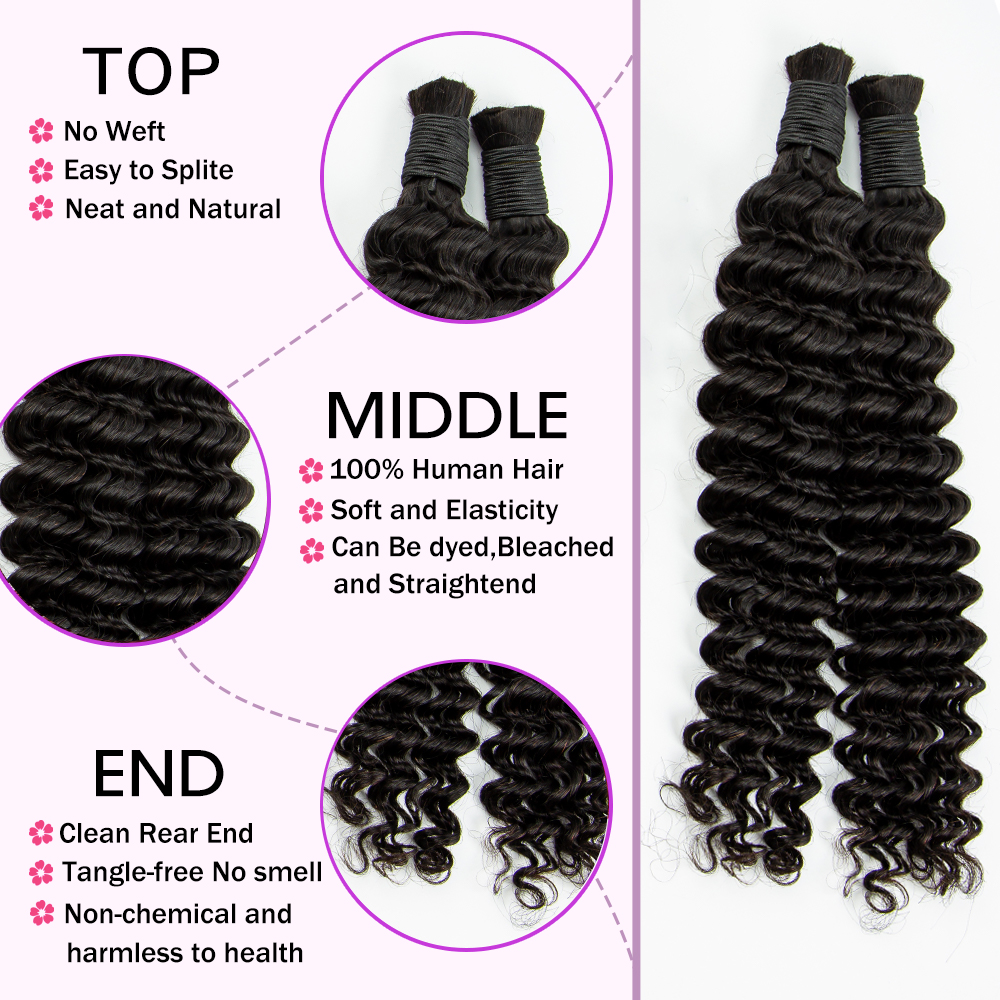 Deep Wave Bulk Echthaar für Boho-Zöpfe, kein Schuss, 100 % reines Echthaar, Bulk zum Flechten, lockige Verlängerungsbündel für Frauen