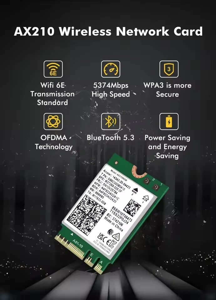 WiFi 6E AX210 Wireless Card 5374Mbps BT5.3 Tri-Band 2.4GHz/5GHz/6GHz 802.11ax High-Speed Network Adapter AX210NGW Fow Win10/11
