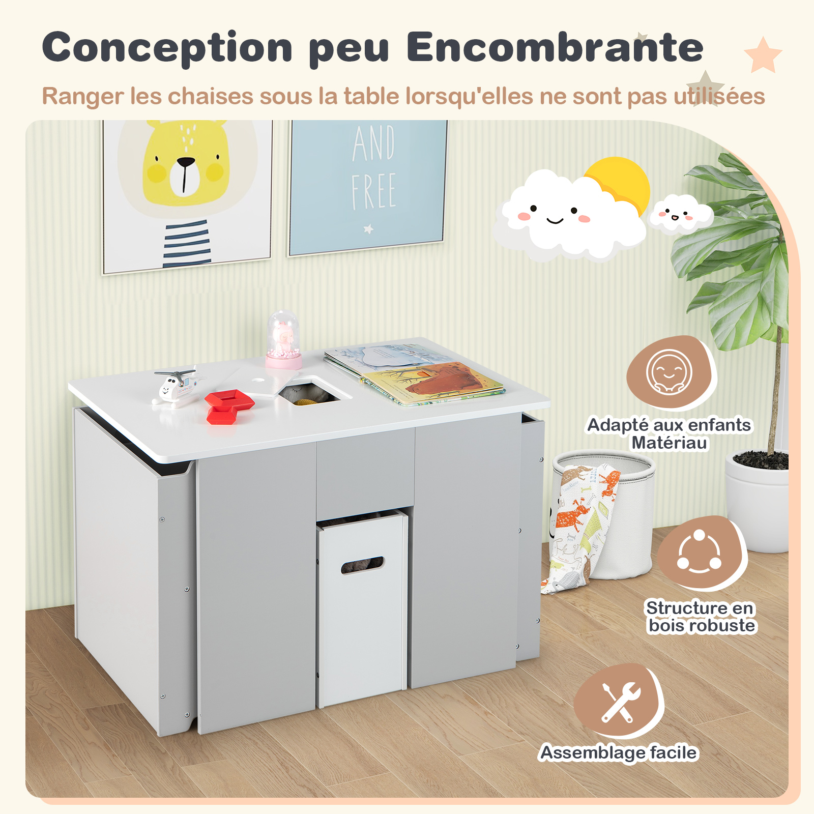 4 en 1 Table Enfants avec 2 Chaises, Table d'activités avec Banc de Rangement & Couvercle Amovible, Coins Arrondis et Boucle de Sécurité, Charge 90/30kg pour Enfants de 3 Ans+
