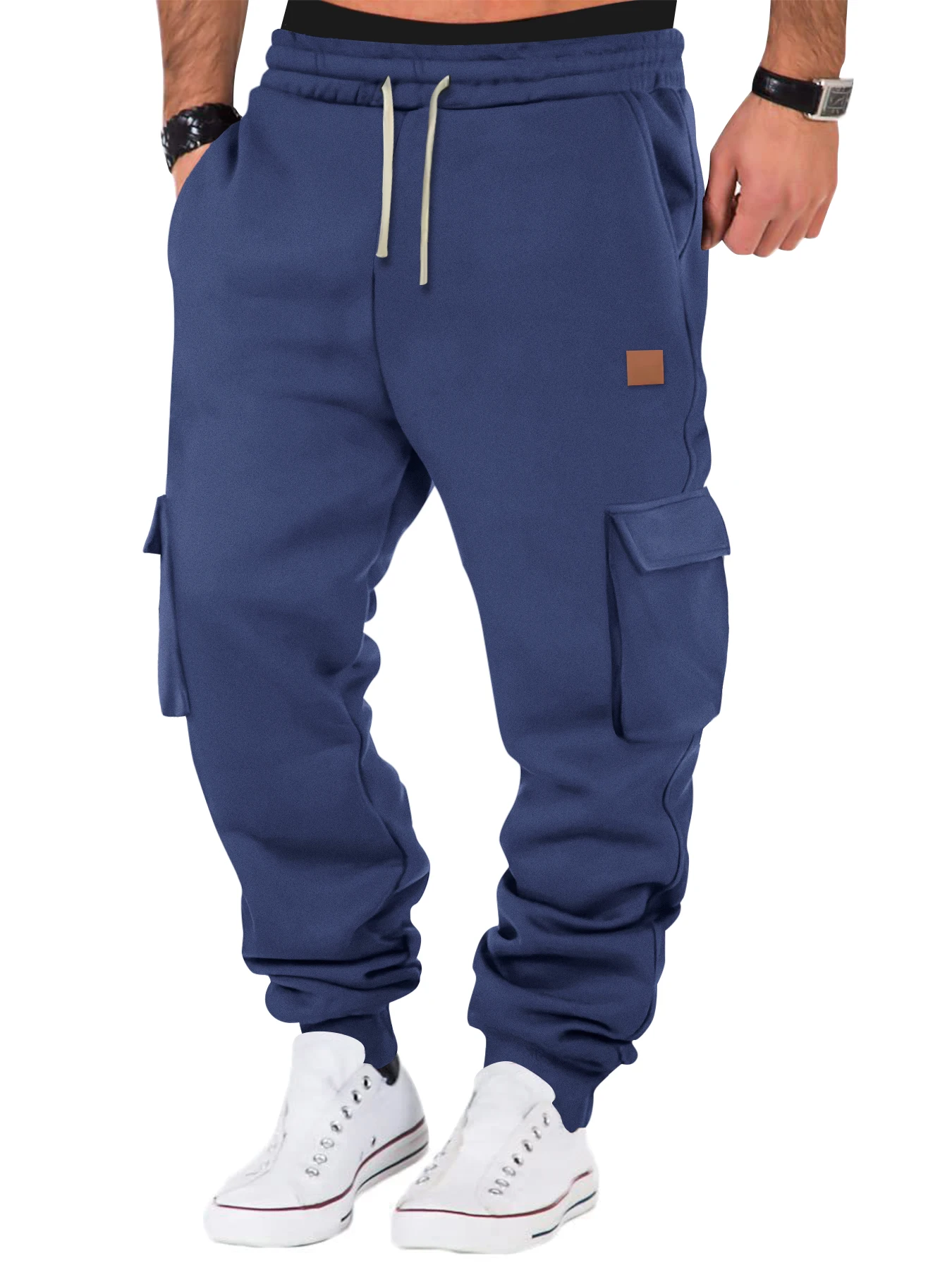 ผู้ชายกางเกงผ้าฝ้าย Multi-Pocket Micro-Elastic กีฬา Casual กางเกงฟิตเนส Joggers ขนแกะอุ่นกางเกงผู้ชายกางเกง