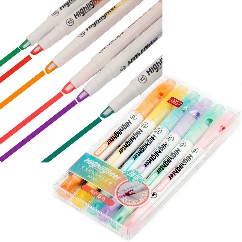 6 Colors/Set Double Head Pastel Highlighter Pens Unique Window Tip Midline Markers for School Stationery Supplies