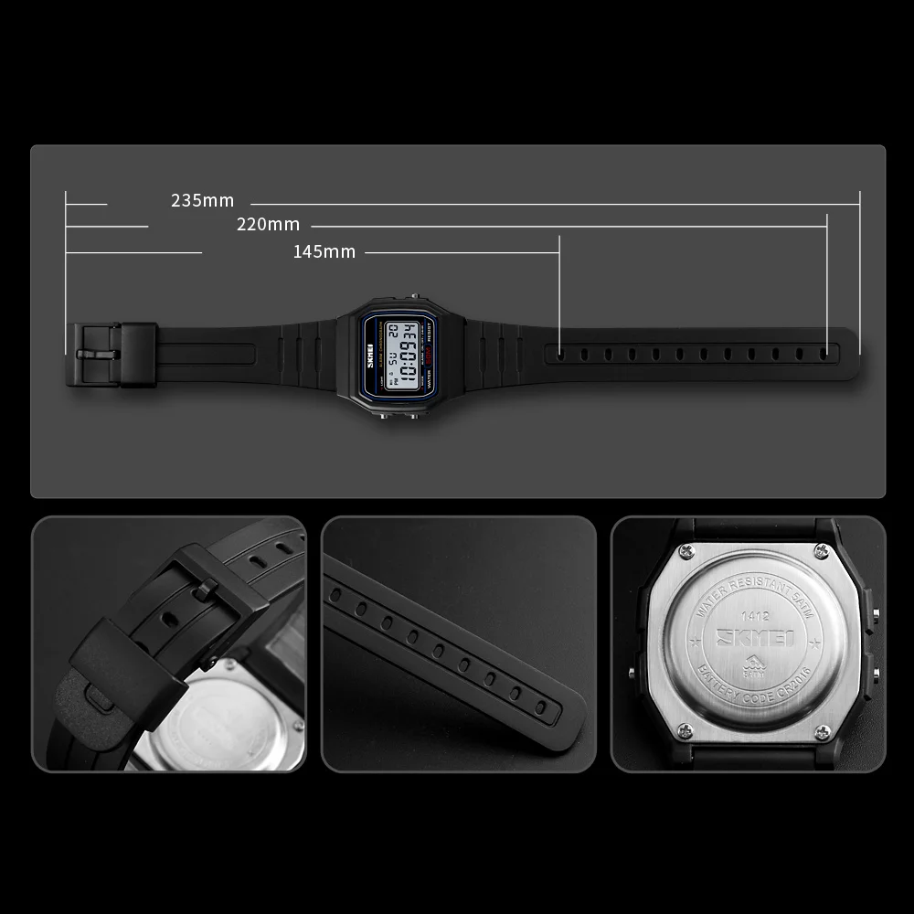 Reloj de pulsera SKMEI 1412 resistente al agua con fecha y semana para mujer, relojes deportivos para parejas, reloj Digital femenino a la moda para mujer