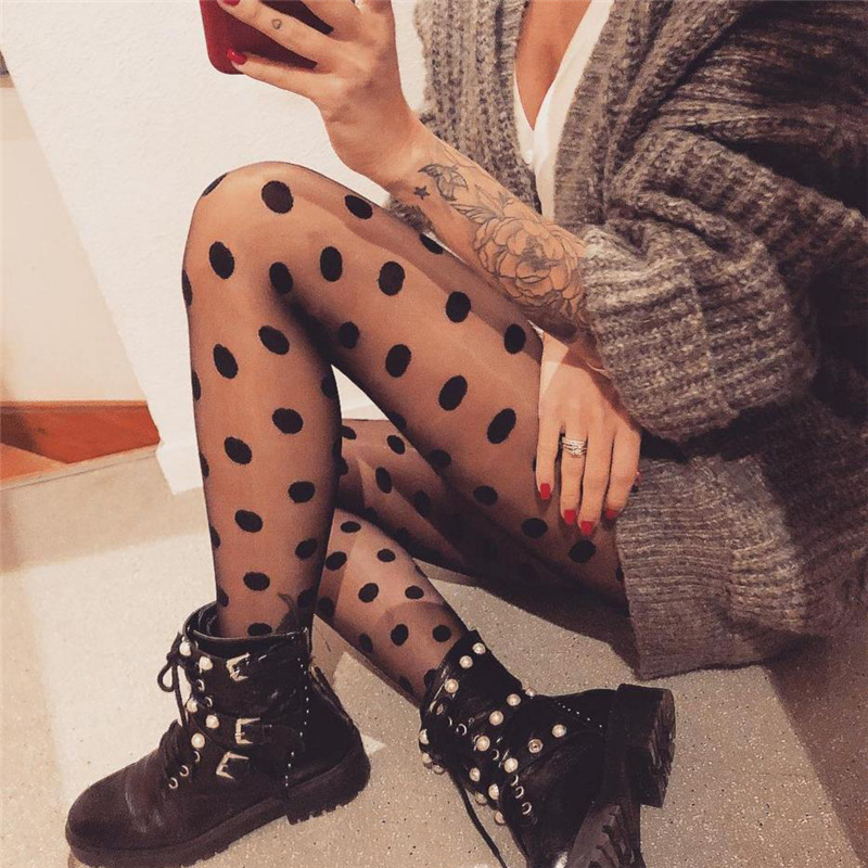 Chấm Bi In Hình Vớ Sexy Thun Fishnet Lưới Liền Mạch Quần Nylon Đen Trắng Hộp Đêm Nữ Nữ Lụa Thun