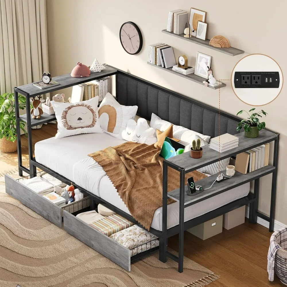 Twin XL Daybed with 2 Storage Drawers Corner Bed Frame with Storage Shelves & Charging Ports Twin XL Kids Platform Bed