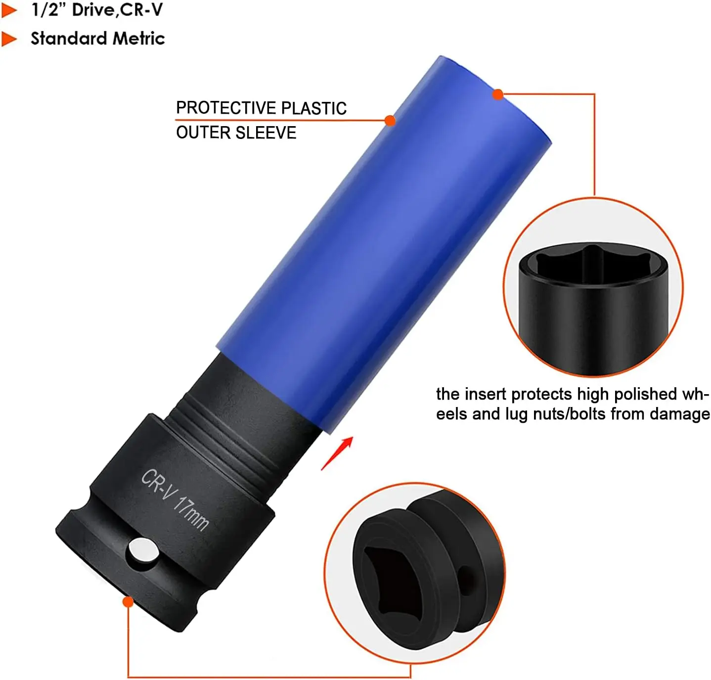 1/2 นิ้วไดรฟ์ล้อ Protector ซ็อกเก็ตผลกระทบบาง Deep Impact SOCKET ชุดพลาสติก LUG NUT 17 มม.,19 มม.,21 มม.,22 มม.