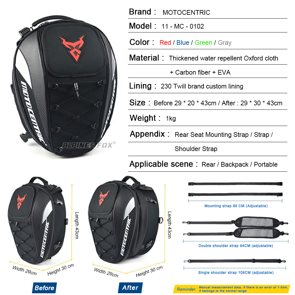 Borsa da coda per moto impermeabile MOTOCENTRIC Borsa per sedile posteriore durevole multifunzionale Zaino per casco da pilota ad alta capacità da 37 litri