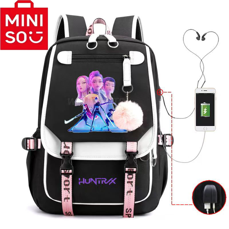 2025 MINISO 新しい共同ブランド Kpop 映画デーモン ハンターズ学生バックパック、男性と女性のラップトップ、USB ポート バッグ