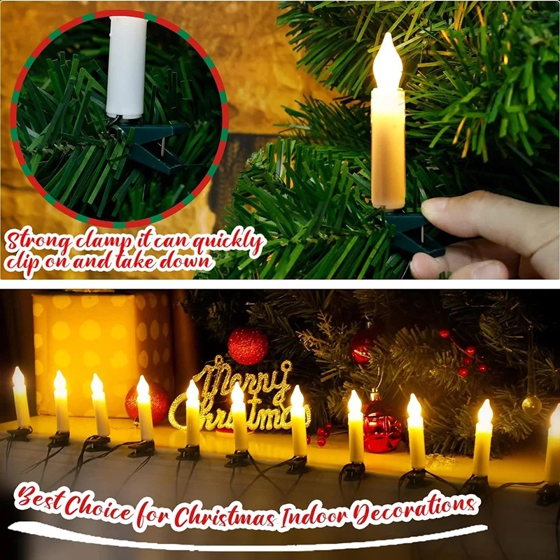 Velas flotantes navideñas LED sin llama con clips, velas cónicas alimentadas por batería, cadena de luces decorativas LED para árbol de Navidad