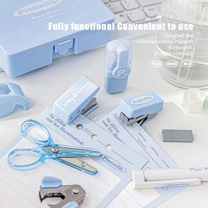 1 boîte de plan avec efficacité multifonctionnelle Eet boîte à outils 8 pièces poinçonneuse agrafeuse ciseaux ruban Machine registre à main