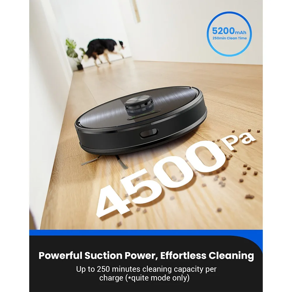 Proscenic M9 Roboter-Staubsauger, Lasernavigation, 45 kPa Saugleistung, Dual-Rotation, Mops, Teppicherkennung, 5200 mAh, max. 250 Minuten Laufzeit