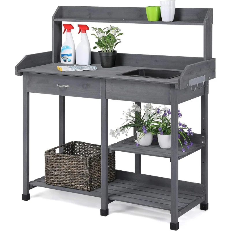 Outdoor Potting Bench Garden Workstation for Horticulture with Drawer, Adjustable Shelf, Removable Sink, Hooks & Pads