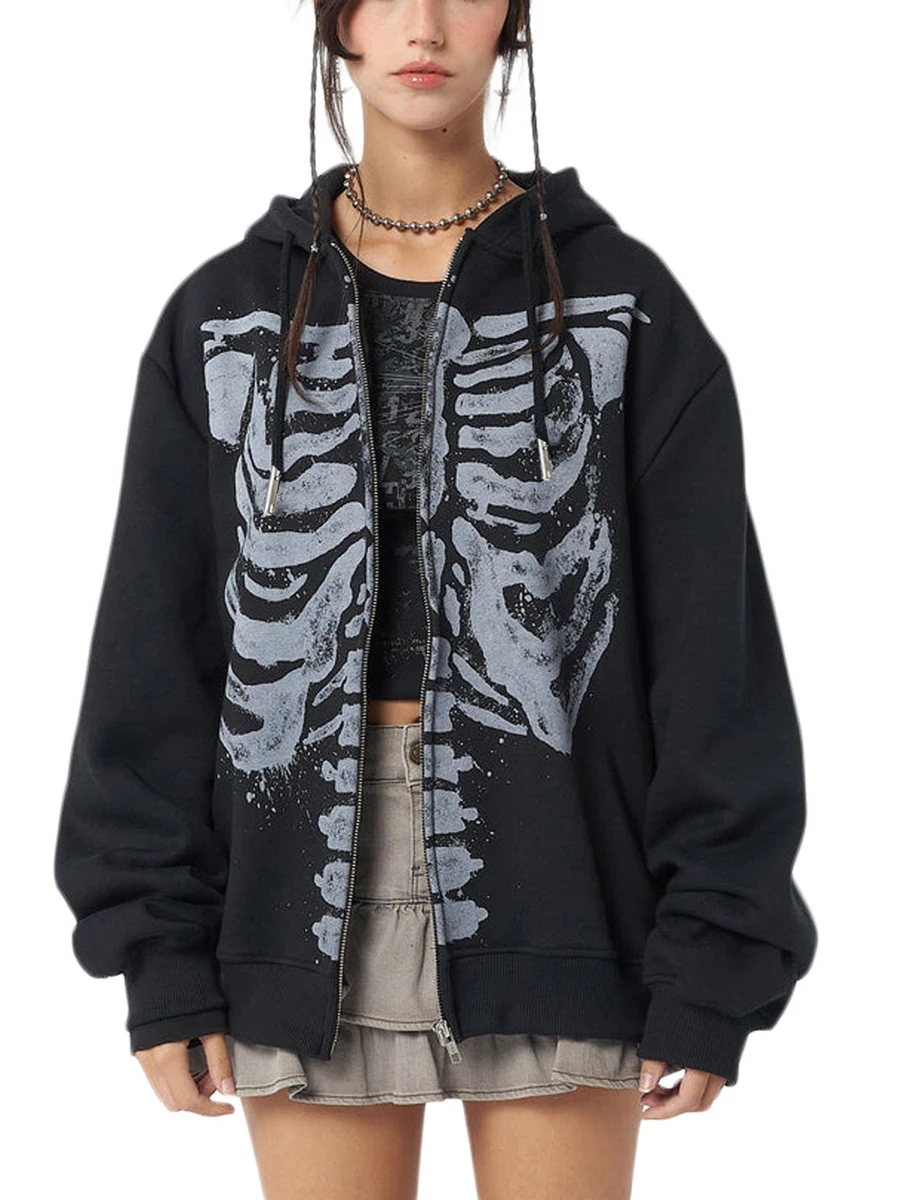 Halloween mujer primavera otoño Casual Abrigo con capucha manga larga estampado de calavera cremallera Sudadera con capucha Grunge manga larga Top sudadera gótica