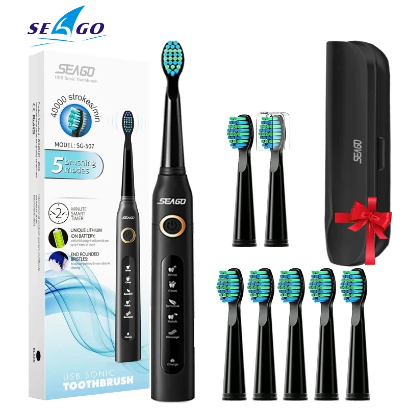 Seago Âm Bàn Chải Đánh Răng Điện SG-507 Cho Người Lớn Hẹn Giờ Bàn Chải 5 Chế Độ Sạc Micro USB Bàn Chải Răng Đầu Thay Thế Bộ