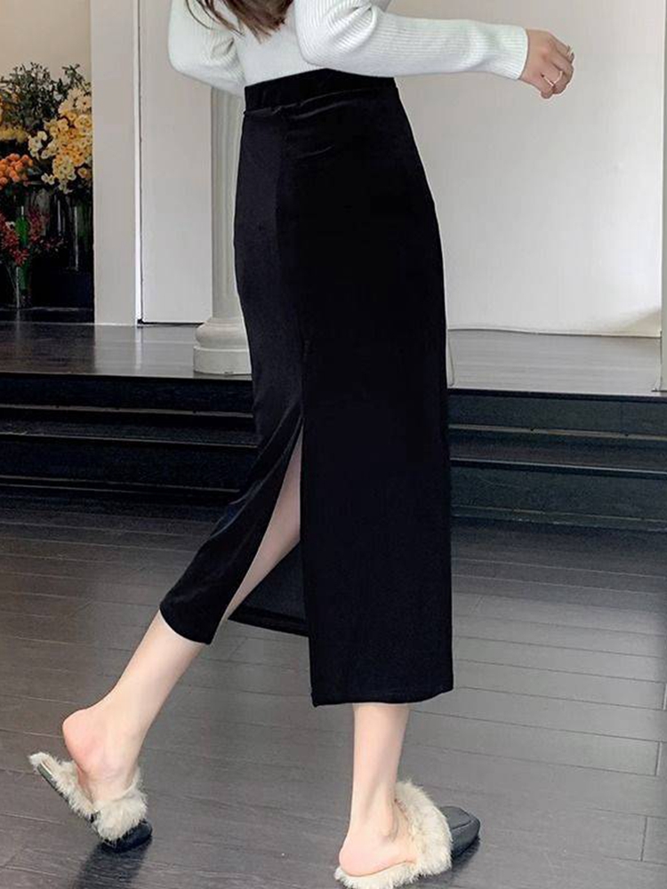 Elegante Fluwelen Zwarte Lange Rokken Vrouwen Herfst Winter Hoge Taille Faldas Koreaanse Mode Kleding Office Dames Bodycon Midi Rok