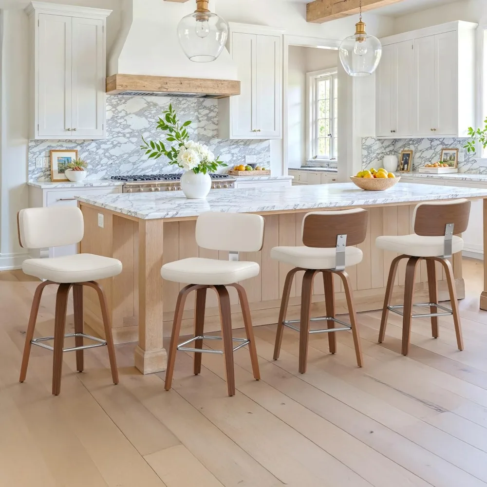 Swivel Counter Height Bar Stools Set of 3, 26" Upholstered Seat Barstools with Back Walnut Wood Legs, Mid-Century PU Leather Bar