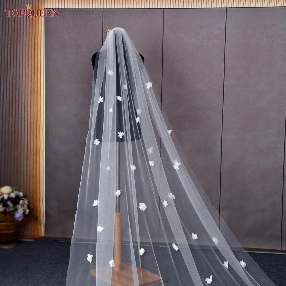 Topqueen v93 véu de casamento com flores 3d catedral mantilla véu de noiva de alta qualidade flores véu de noiva véu de tule macio