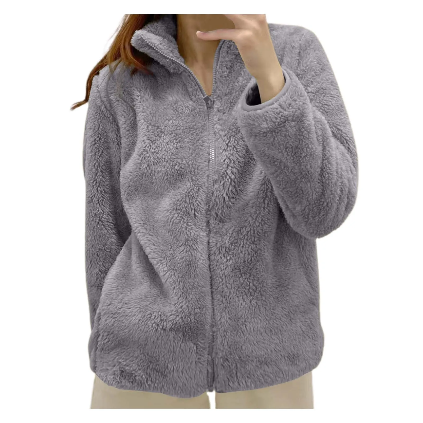 ผู้หญิงฤดูใบไม้ร่วงฤดูหนาว WARM Soft Polar ขนแกะเสื้อแจ็คเก็ตสีทึบแขนยาวซิปสองด้านกํามะหยี่ Outwears Coat