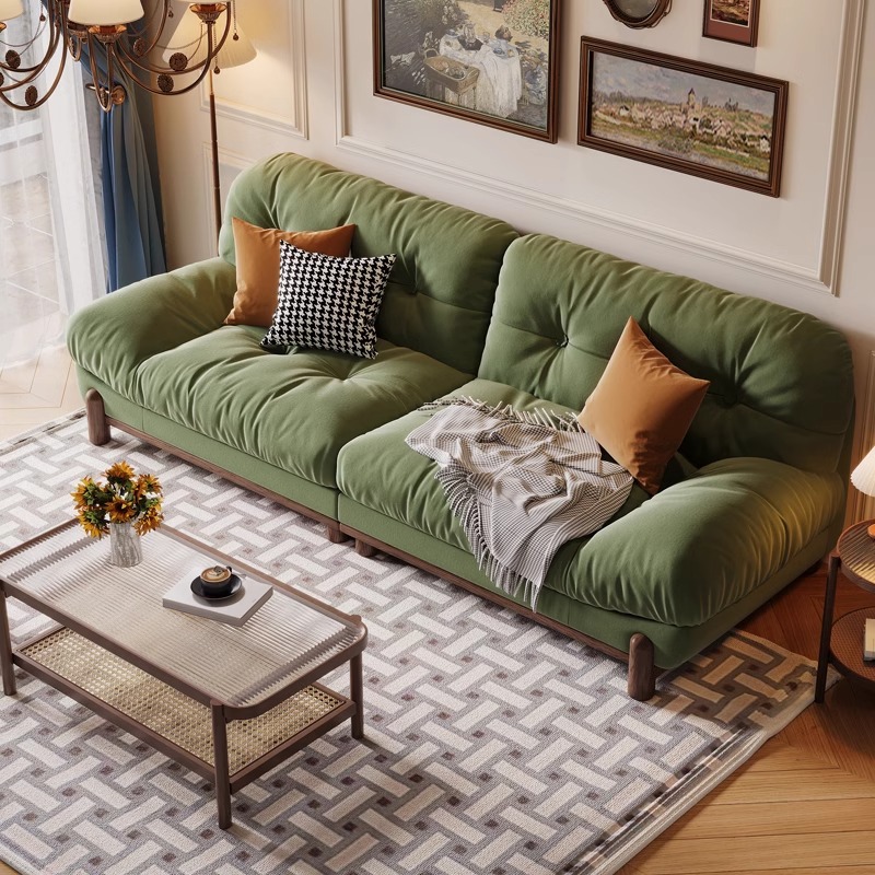 Living Room Sofa, Fabric Cloud Green Removable Washable Sofa, Three Seater U-shaped Solid Wood Sponge Sofa, Household Use