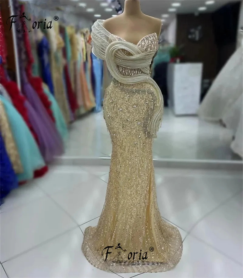 Elegantes Champagner-arabisches Meerjungfrau-formales Partykleid mit Perlenquasten, ärmellos, Abendkleider für besondere Anlässe, Robe de Soiree 2025,