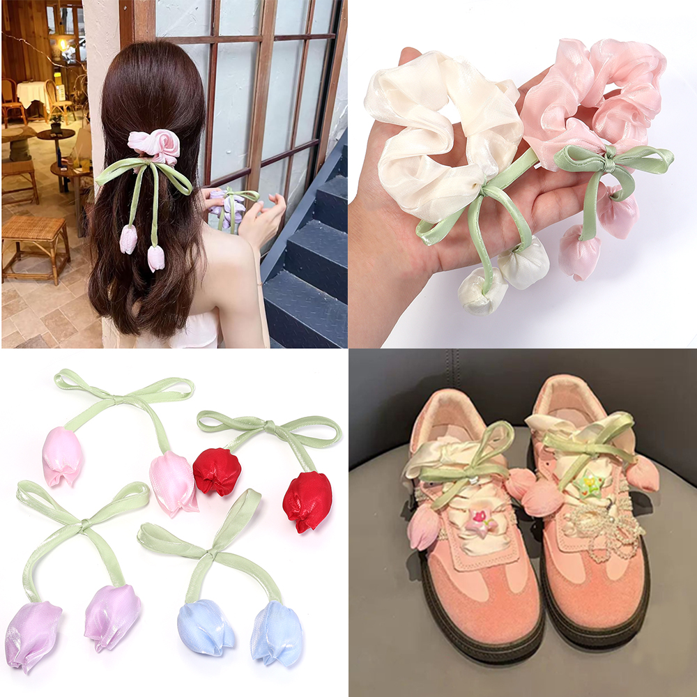 5 шт./лот, шелковая лента с милым тюльпаном для женщин, изготовление ювелирных изделий, сделай сам, лента для волос в корейском стиле, кольцо для волос, шнурки, аксессуары для одежды