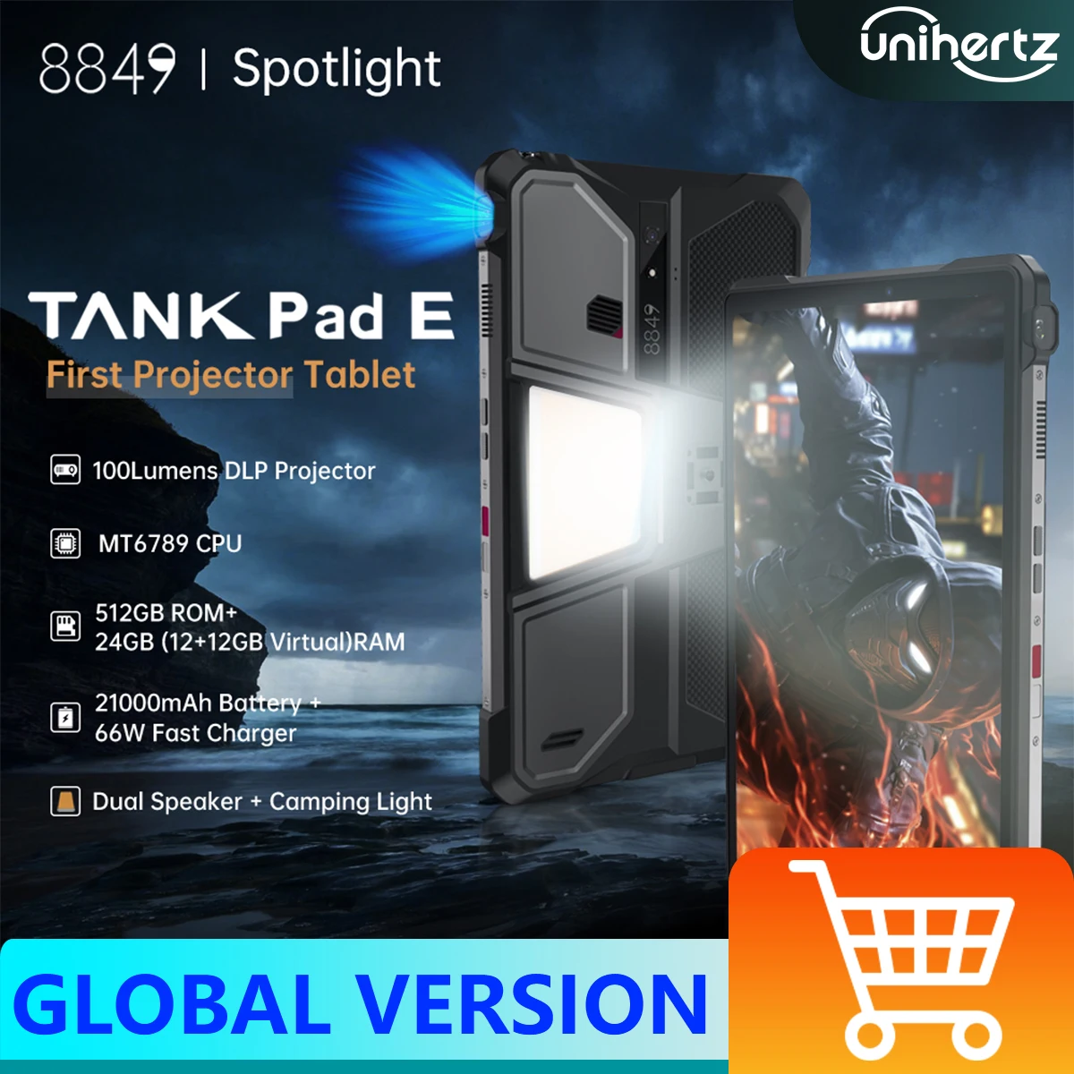 Unihertz 8849 TANK PAD E Tablet robusto com projetor Android 21000mAh 120Hz 50MP Câmera 24GB 512GB 66W Tablet de telefone de 10,95 polegadas