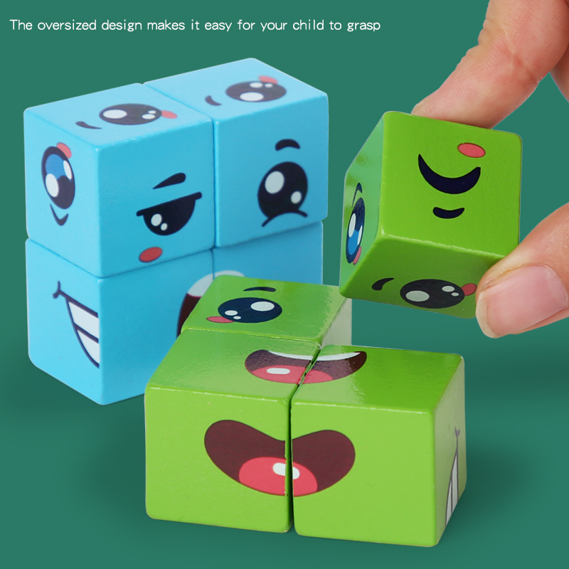 Children's Wooden Four Person Battle Face Changing Facial Expressions Magic Cube Building Blocks Wooden Interactive Games