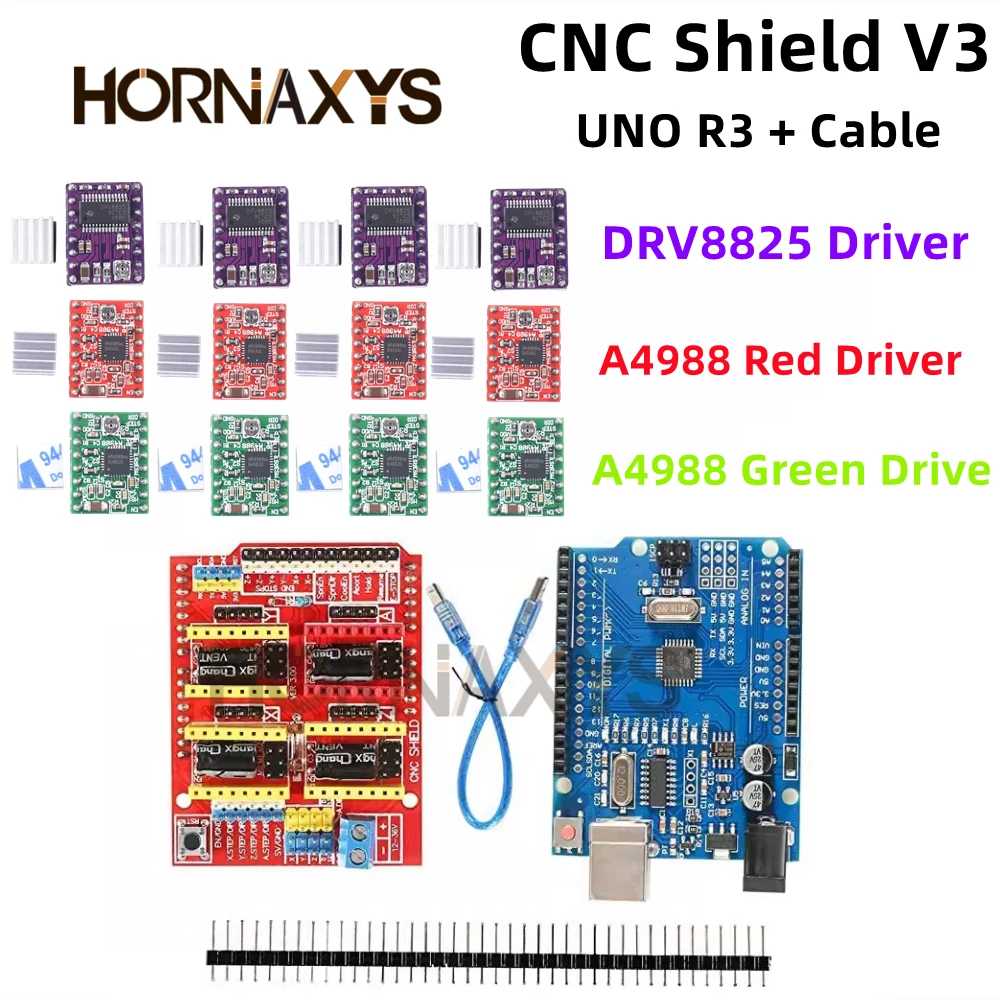 Máquina de grabado CNC Shield V3, impresión 3D + 4 Uds., placa de expansión de controlador DRV8825 o A4988 para Arduino + UNO R3 con Cable USB