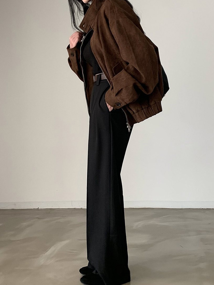 Jaqueta E Vintage de Camurça com Estampa de Veado para Mulheres, Casaco Solto de Crimento Médio com Gola Alta, Esti...