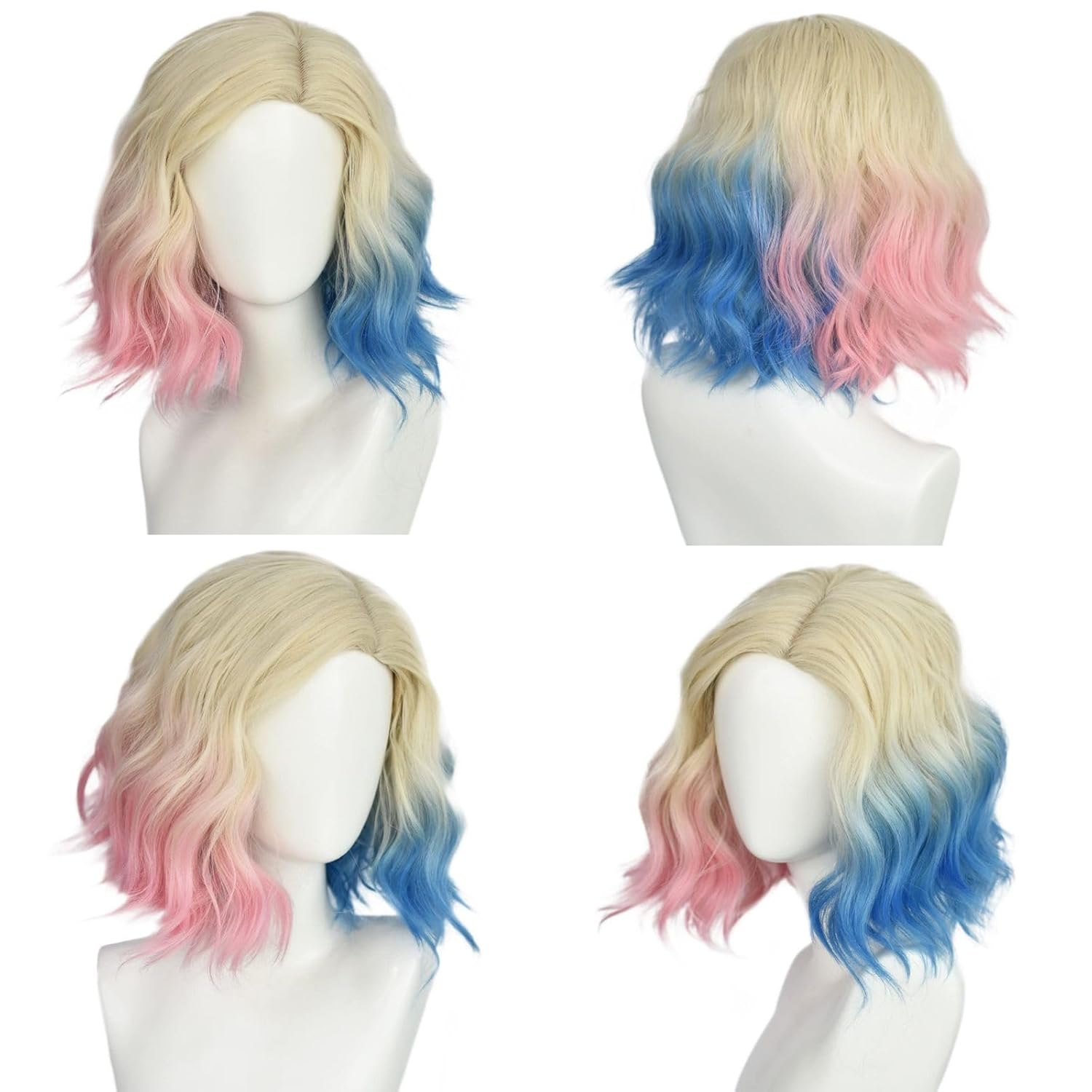 Peruca cosplay azul e rosa para mulheres, loira curta com cabelo ombre rosa e azul, peruca curta sintética bob wave para cosplay