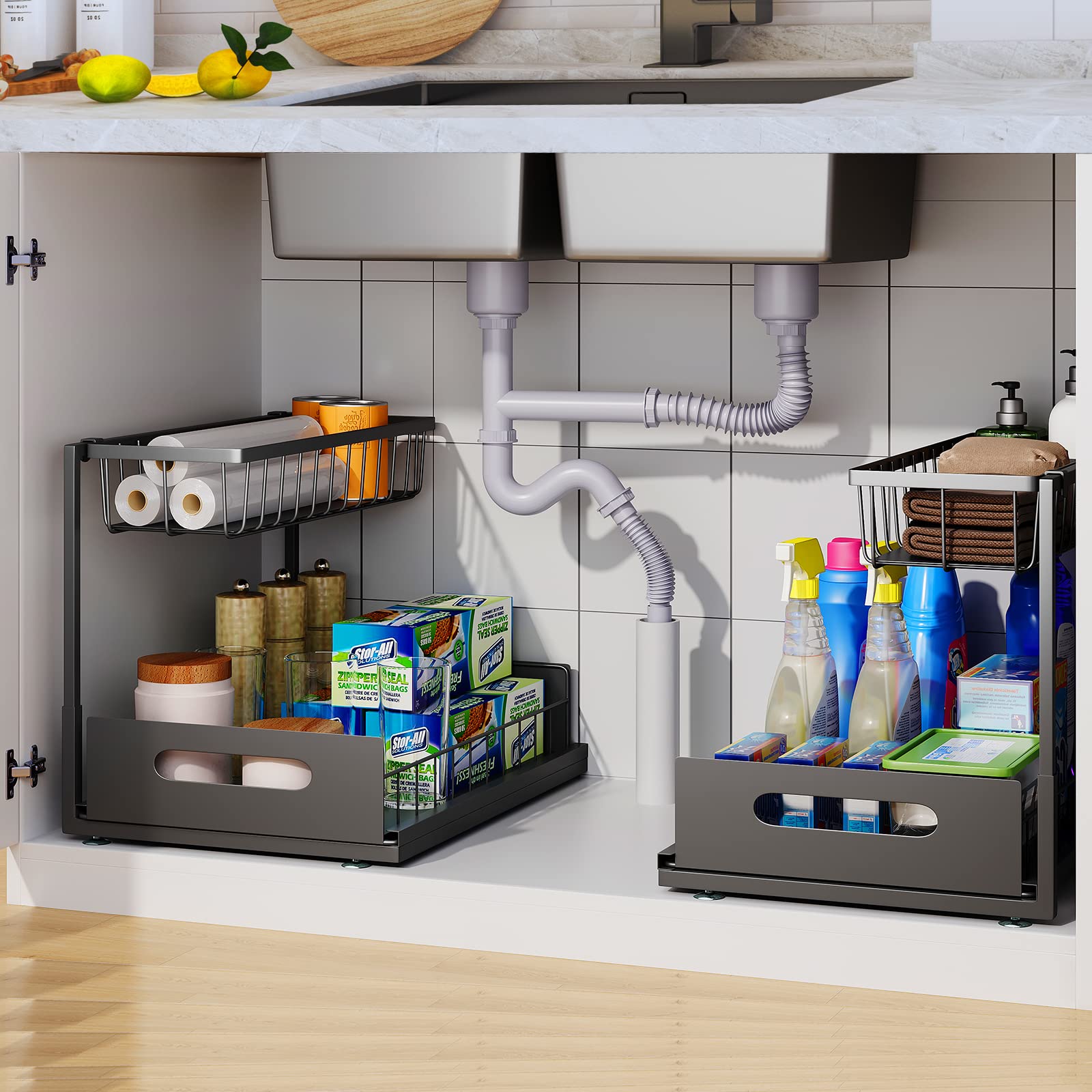 Under Sink 2 Tier Sliding Cabinet Basket Organizer Drawer Pull Out Cabinet Multi-Purpose Sink Organizer for Bathroom Kitchen