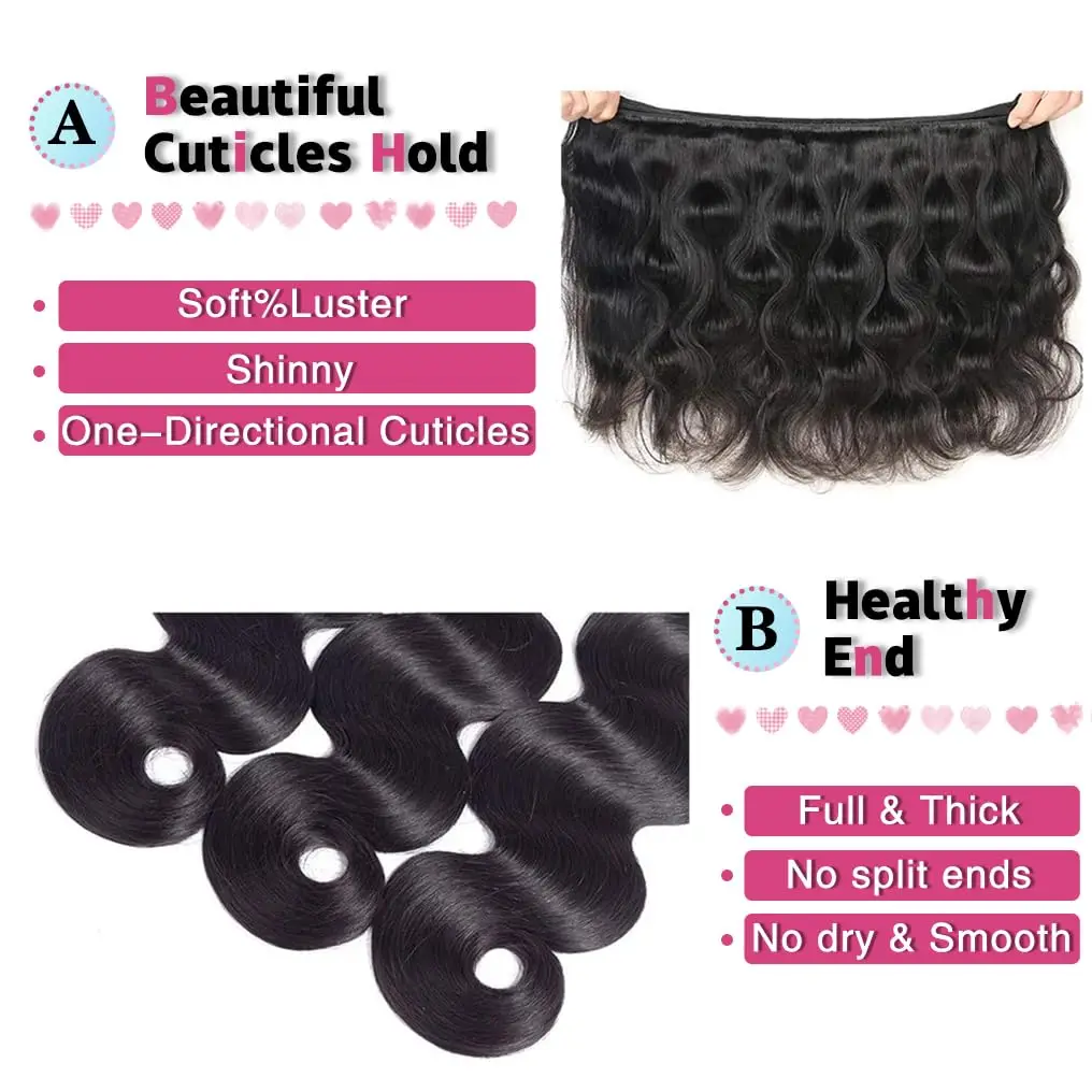 Pacotes brasileiros do cabelo humano com fechamento, onda do corpo, Weave do cabelo humano do Virgin, 3 pacotes, fechamento do laço 4x4, cor preta natural