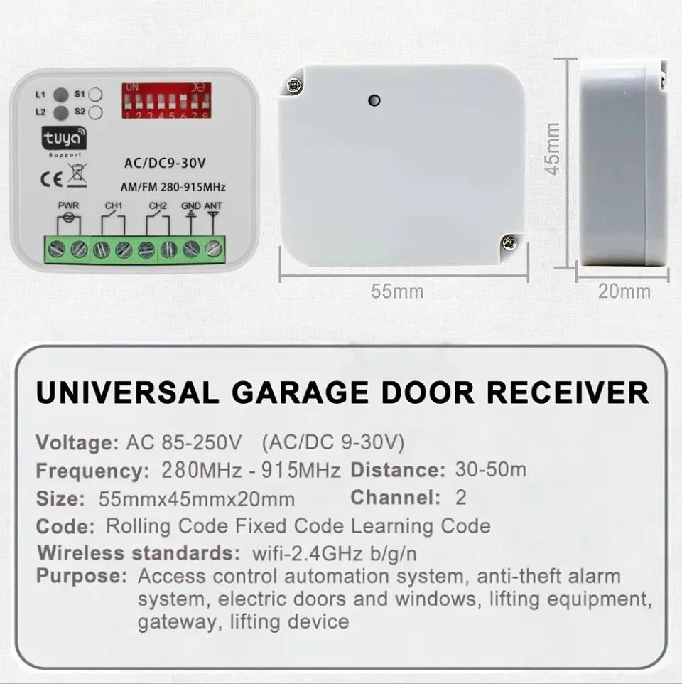 Tuya WiFi Garage Door Receiver 2CH Gate Universal Receiver Multi Frequency for 300-900MHz Remote Control Switch 9-30V 85-250V
