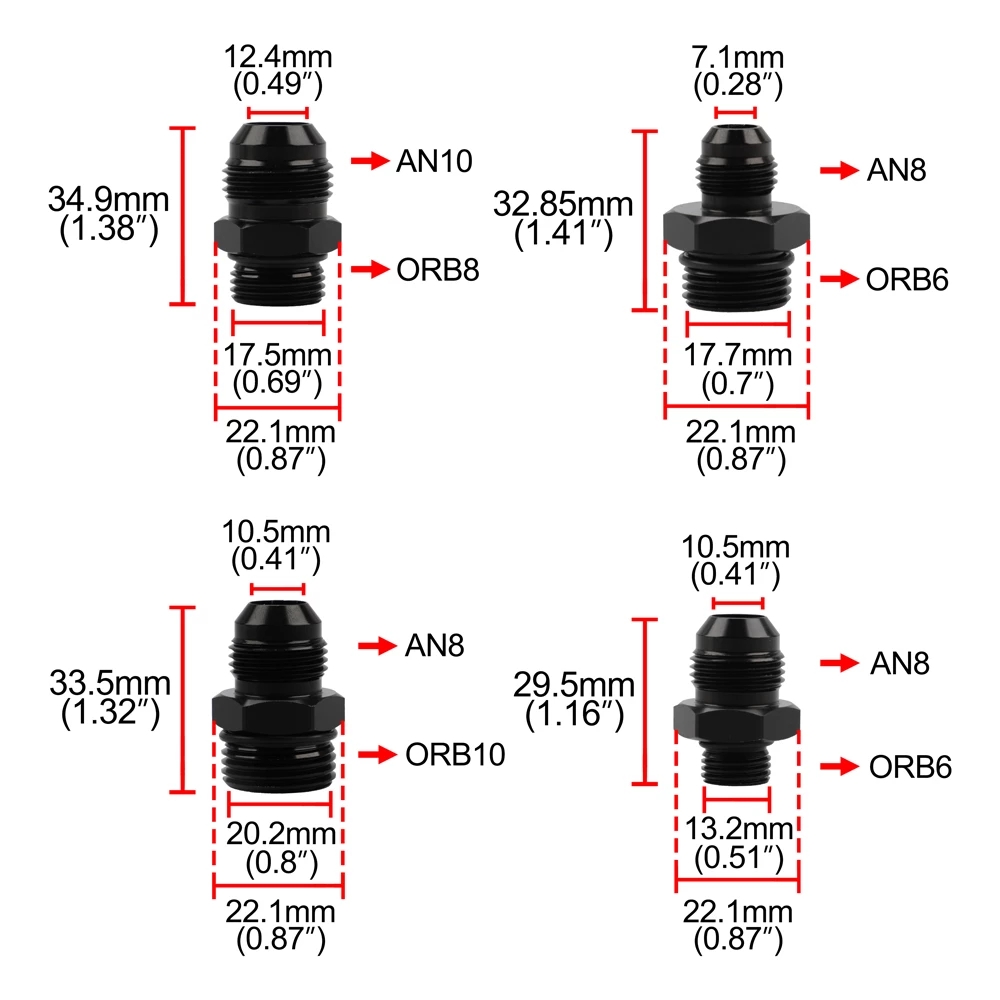 Adaptador macho de montaje negro ORB-6 ORB-8 ORB-10 junta tórica Boss a AN6 AN8 AN10 6061-T6 ajuste acampanado de aluminio