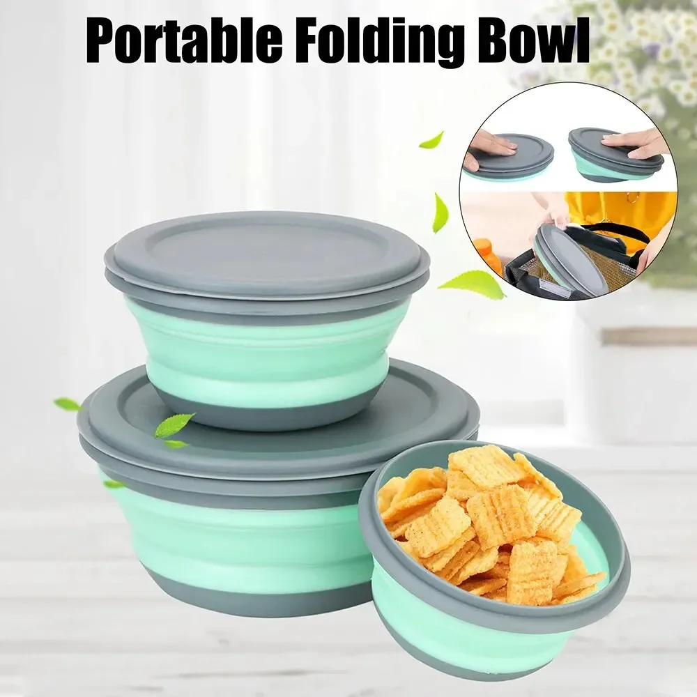 Tigela Dobrável de Silicone com Tampa, Lancheira Portátil, Saladeira Dobrável, 3 Pcs
